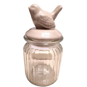 GLAS JAR "BIRD" LIGHT BROWN LID CLEAR GLAS